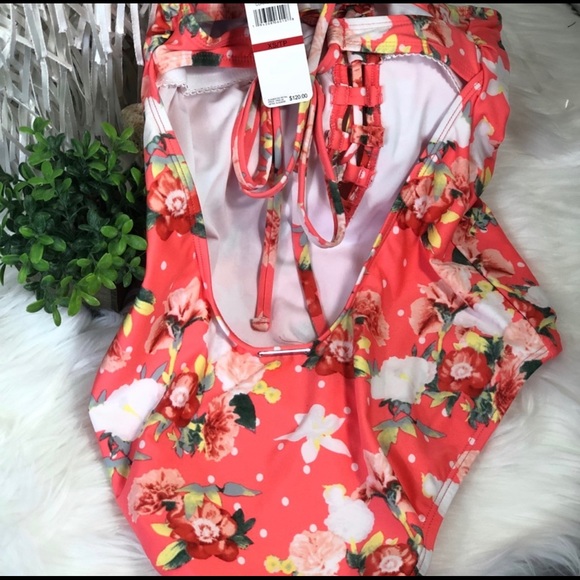 LAUNDRY BY DESIGN one piece Bright Coral Lace Up Swimsuit XS - Picture 10 of 16